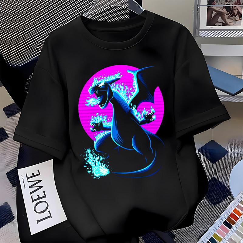 Pok É Mon Super Fire Dragon Pattern Short Sleeve Tshirt for Men and Women Loose Top Mens Tshirt Childrens Parent Child Wear