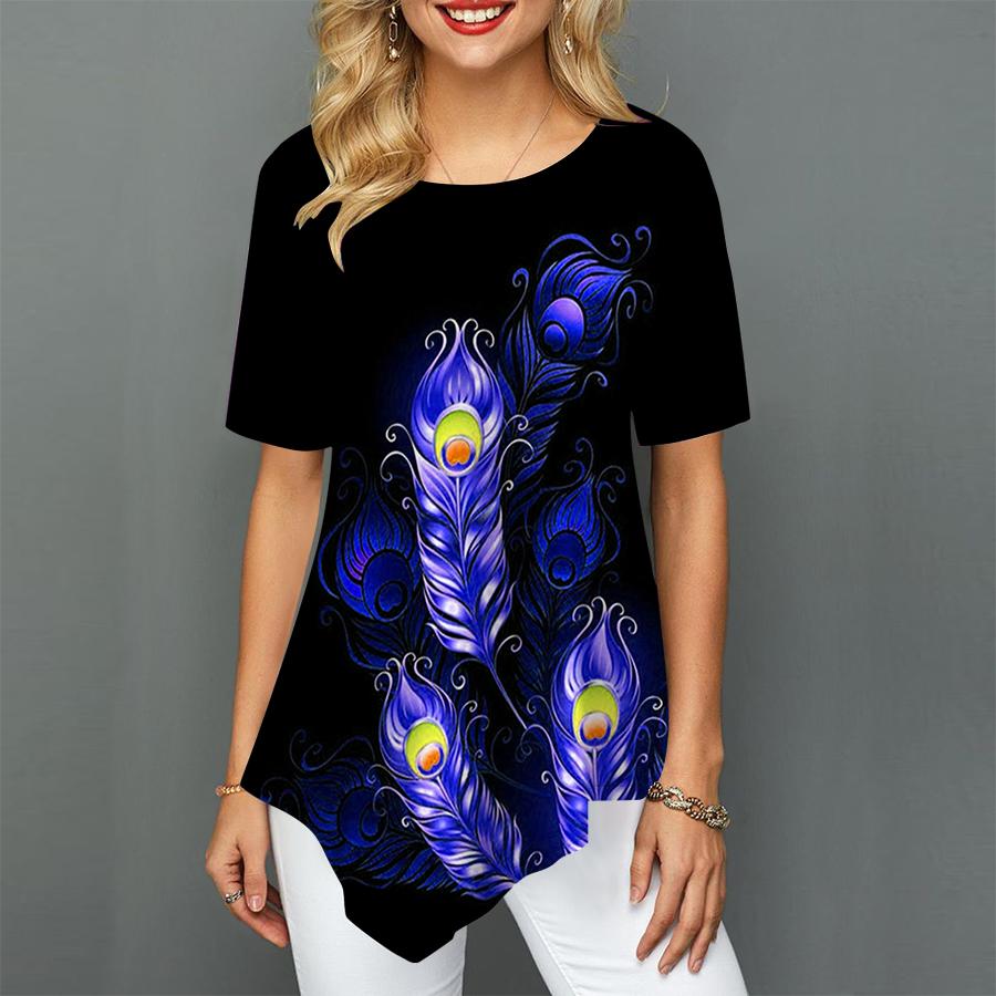 Mode O Hals 3D Feder Druck Unregelmäßiger Saum Lose Frauen T Shirt Tops Frühling Sommer Neue Damen Tragen Trendy Kleidung XS-8XL