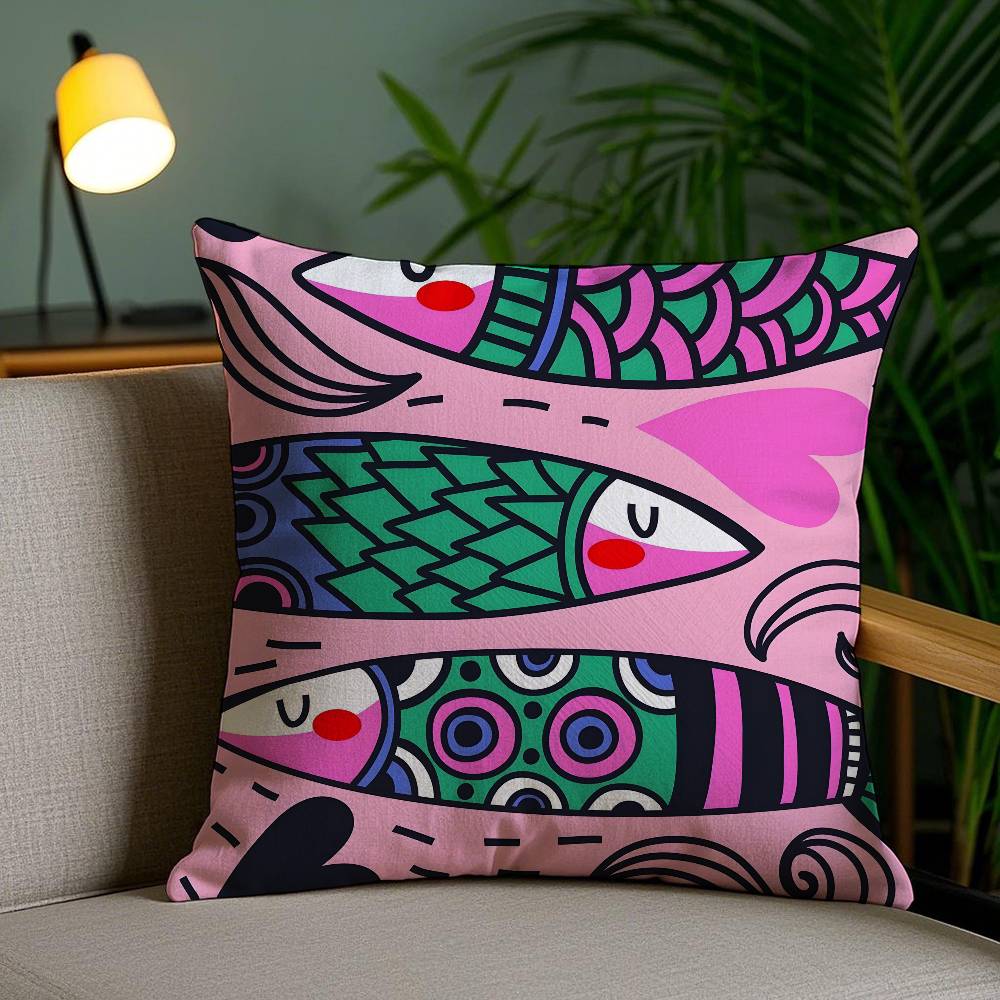 Colorful Sardine-S Fantasy Patterns Pillow Case Anti-dustmite Pillowcase Invisible Zipper Silky Short Plush Sofa Cushion Cover