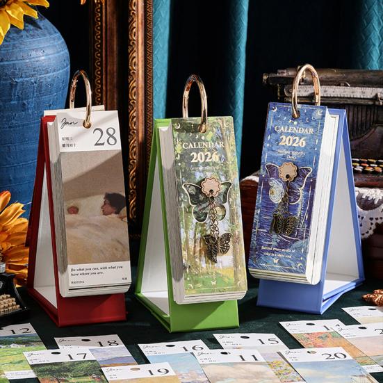 2026 Vintage European Style Oil Painting Flip Calendar Desktop Flip Calendar with Butterfly Charm Aesthetic Desk Organizer for Home Living Room Decor