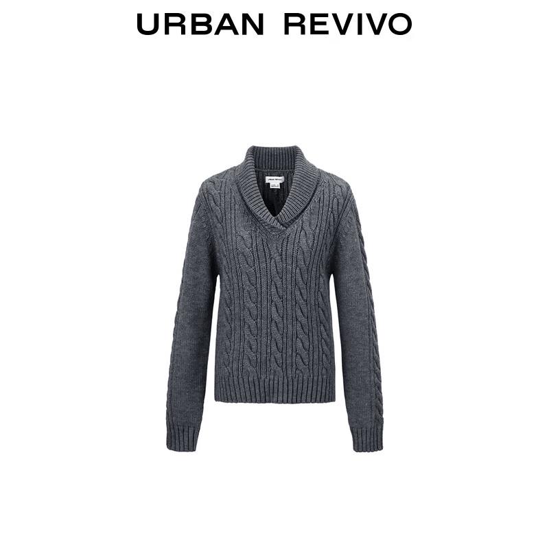 UR 2024 Winter Women's Grey Cable Knit V-Neck Sweater