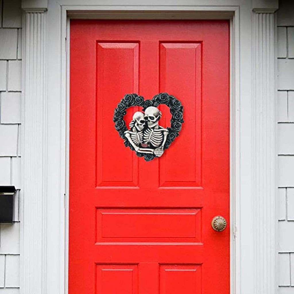 Halloween-Skelett-Paar-Türschild, schwarzer Rosen-Anhänger, dekoratives Türschild