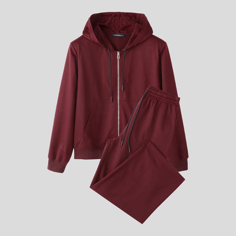 

INCERUN Мужские комплекты из двух предметов: толстовки с капюшоном на молнии с коротким рукавом и длинные брюки 5XL вино красного