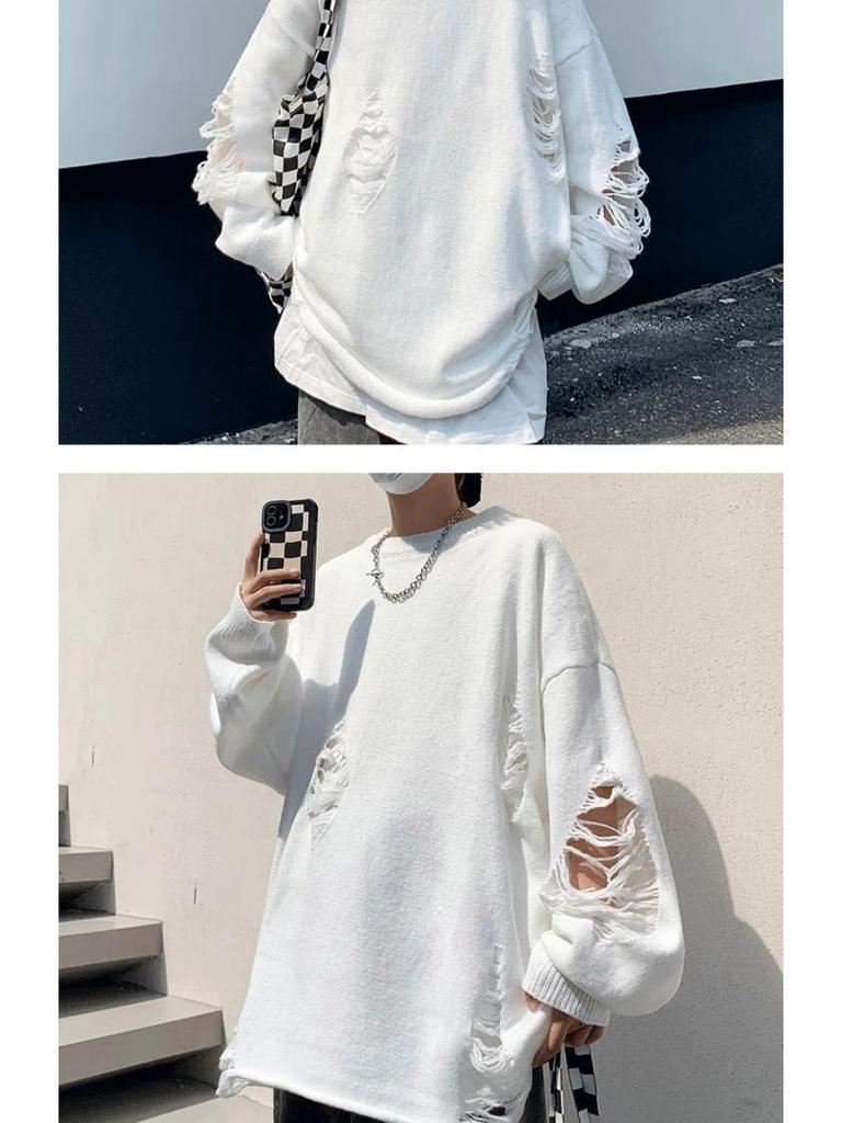 Autumn Men's Hole-Knit Sweater: New Lazy Style Pullover in Black or White