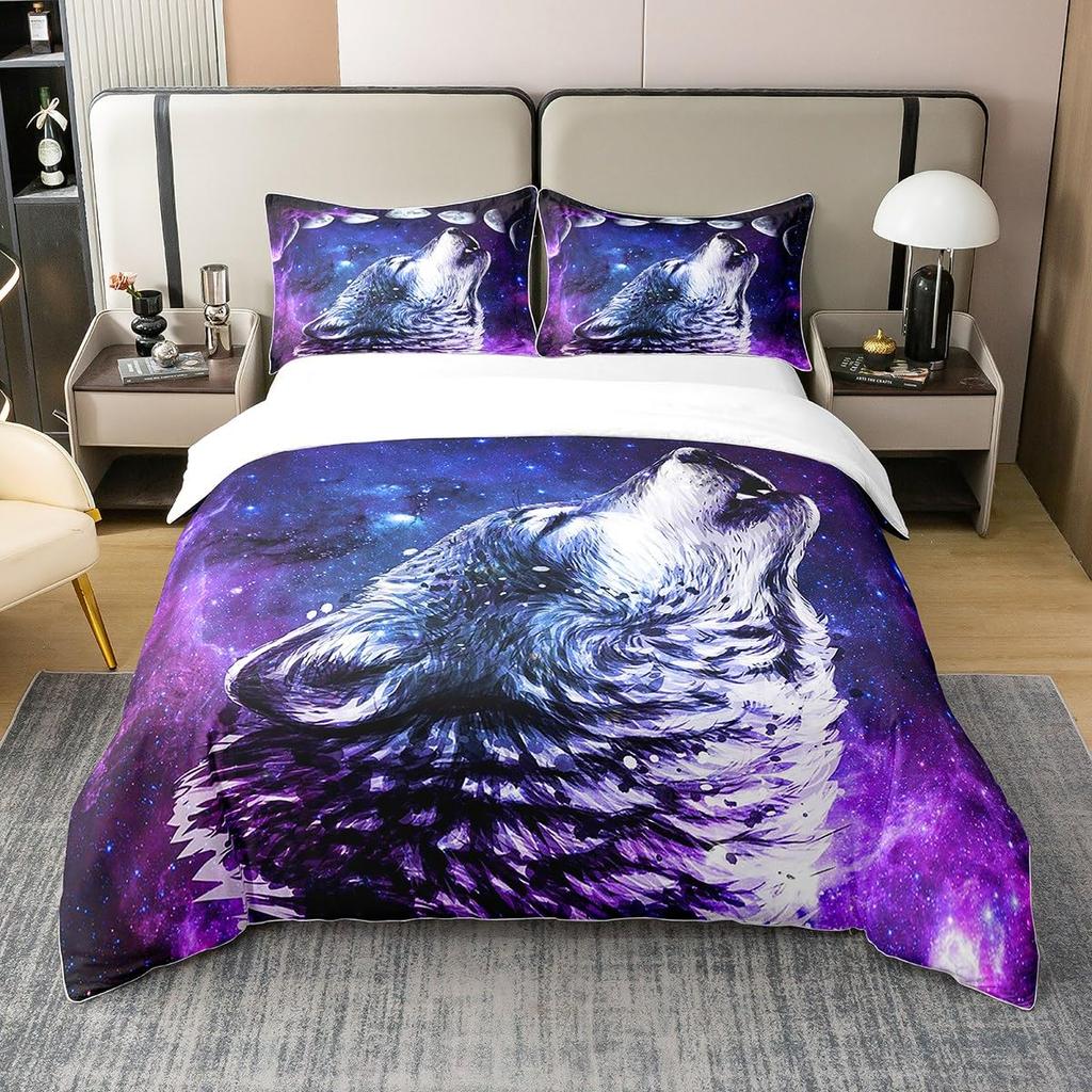 Galaxy Wolf Duvet Cover Set Full Size, Bedding Set for Boys Girls, Wolf Head Printed Duvet Cove Set 1 Quilt Cover 2 Pillowcases