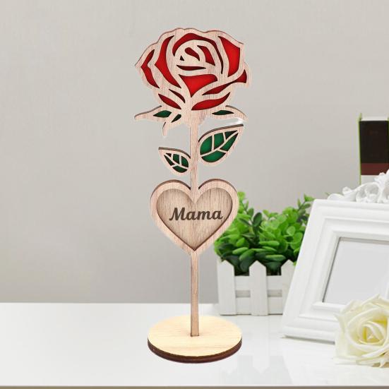 Wood Mama Rose Decoration with Stable Round Base Wooden 3D Carved Rose Flower Desktop Ornament Romantic Mother's Day Gift