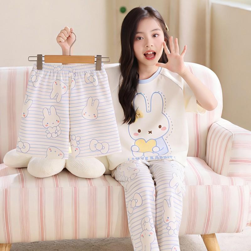2026 Cotton Pajama Set Girls Short Sleeve Thin Sleepwear Sweet Cartoon Print Kids Home Outfit