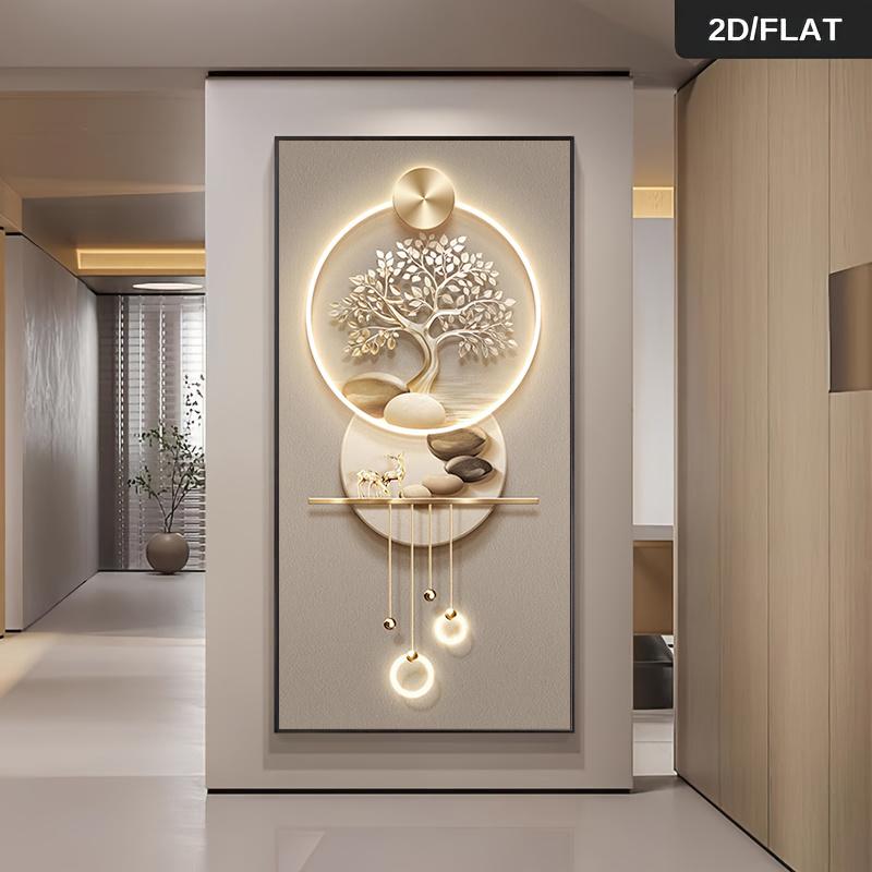 1 Piece of Modern Minimalist, Light Luxury Style Frameless Canvas Decoration Hanging Painting with LED Light, Wealth Tree, Elk P