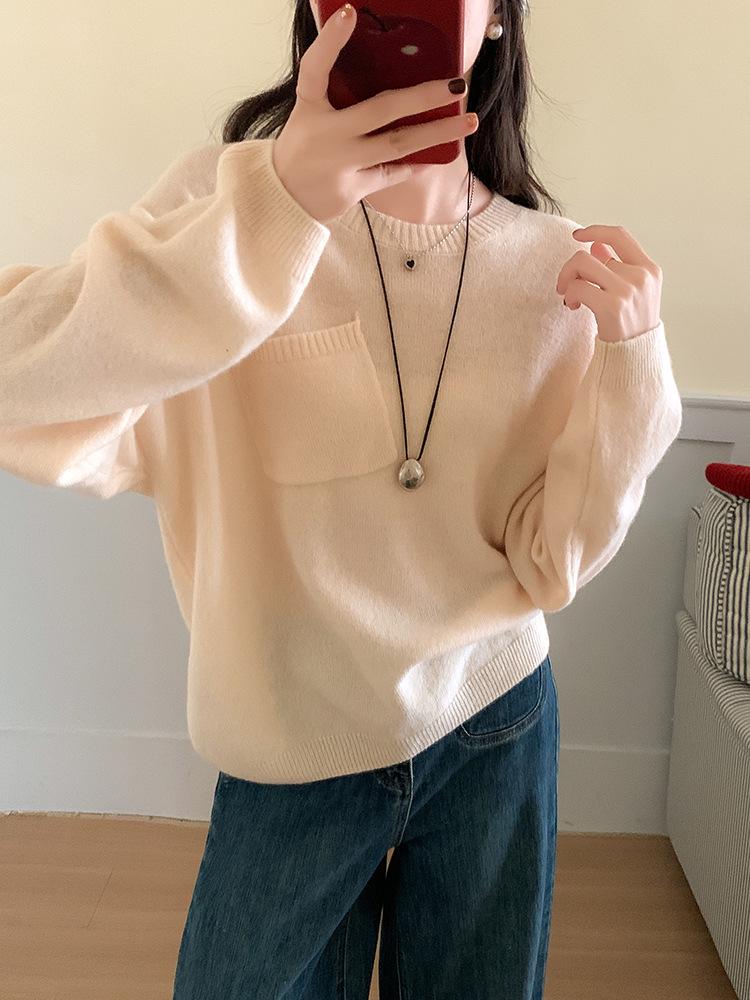 Liu Wen-inspired Women's Casual Loose Wool Sweater Pullover with Pockets - High-End Knitwear for 2025
