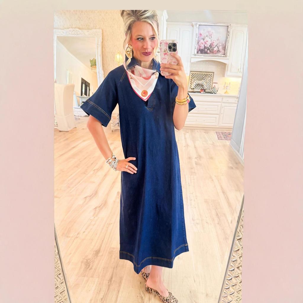 Spring and Summer Fashion Flowing-Effortless Style Denim Dress with Collar and Partially Opened Front Sleeveless Long Dress for Women