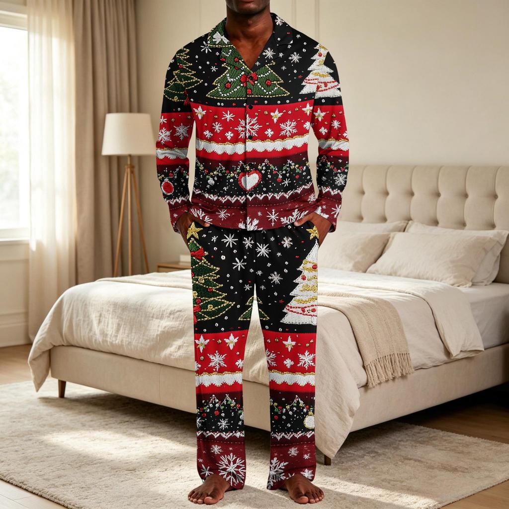 Men's Christmas Pajama Set with Button Down Shirt and Straight Leg Pants, Casual Print Sleepwear Two Piece Outfit, Festive Holiday Loungewear