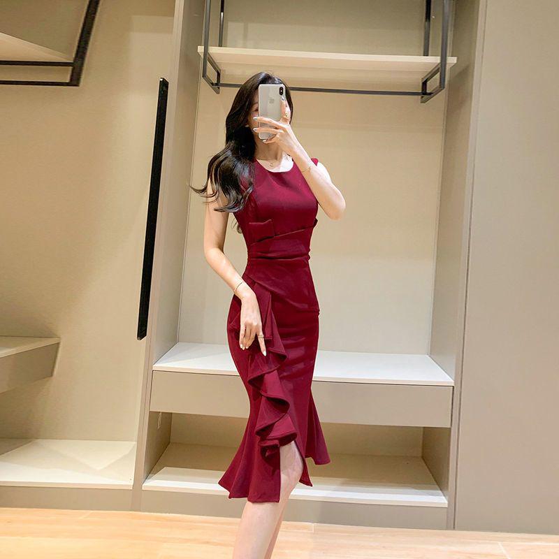 

2026 Elegant Fishtail Evening Gown: Slimming, Belly-Concealing, Hip-Hugging Bodycon Dress 2XL [125-134 cm] вина червоного кольору