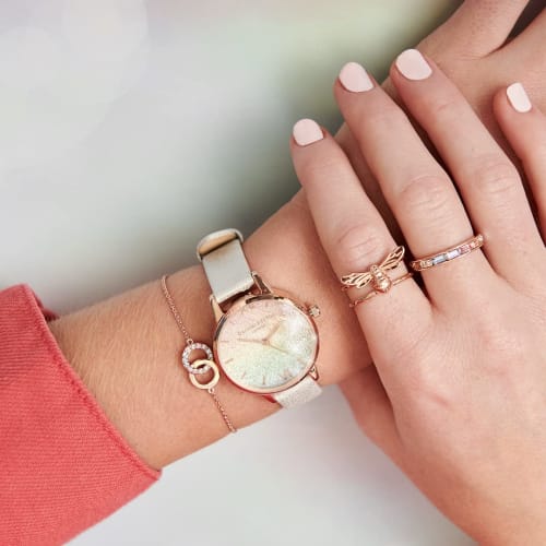 Authorized Retailer: OLIVIA BURTON Women's Watch OB16EX228 Rainbow Wishing Wave Shimmer Pearl & Rose Gold Leather Strap