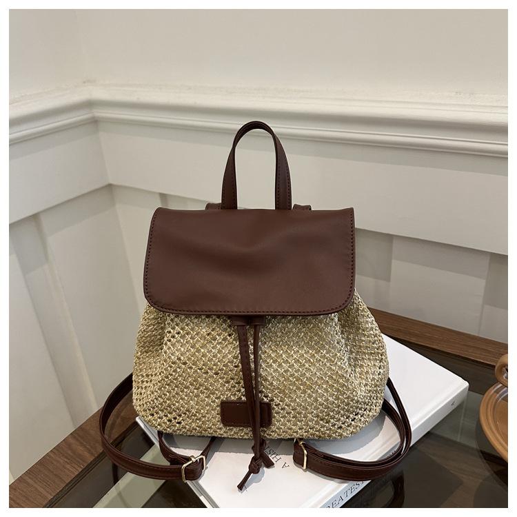 2024 Casual New Fashion Summer Foreign Style Design Straw Weaving Leisure Travel Double Shoulder Small Backpack Bag Women