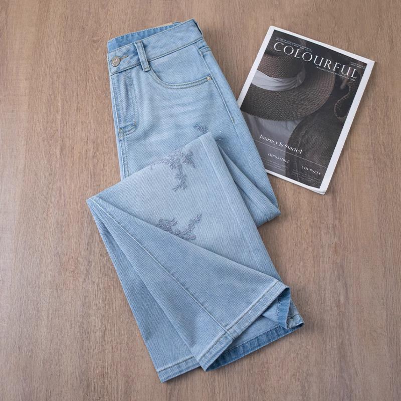 2025 Chinese Style Embroidered Wide-Leg Summer Jeans for Women - Trendy Petite Straight-Leg Design