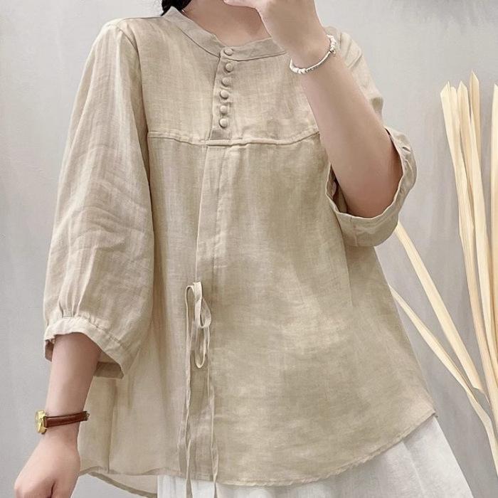 Women's Spring and Summer Elegant, Literary, Retro, Casual Solid Color Loose Slimming Five-Eighth Sleeve Tie Shirt