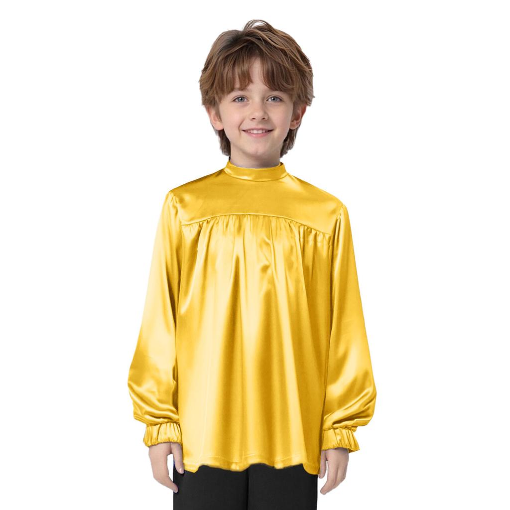 Chlapecké topy na liturgický tanec s vysokým límcem a dlouhým rukávem, se skrytým zipem vzadu, saténový top