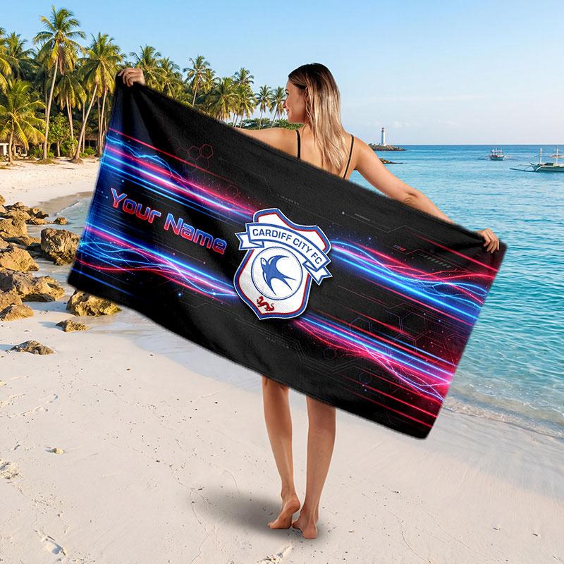 Cardiff City Custom Beach Towel, Personalized Name Text Print, Football Logo Soft Quick‑Dry Towel Holiday Gift