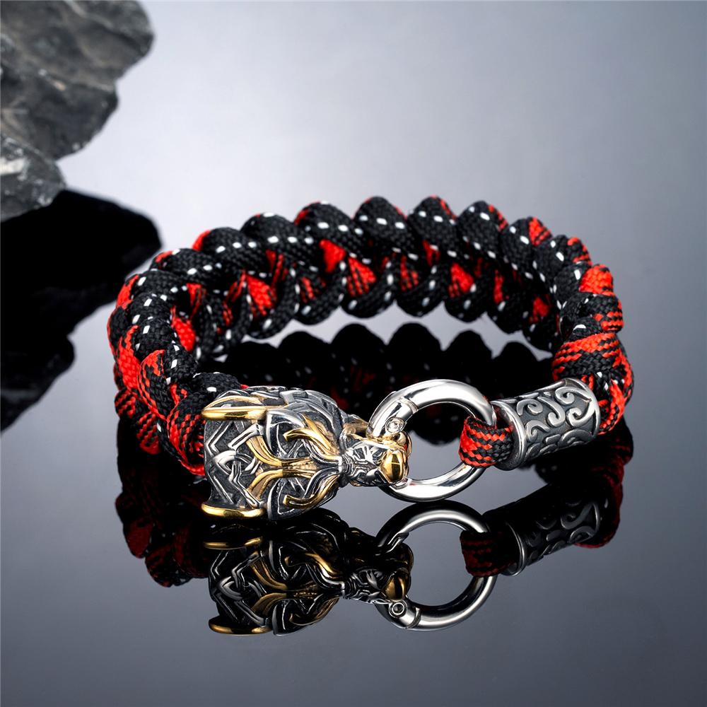 Outdoor Norse Mythology Odins Wolf Bracelet Men Stainless Steel Braided Paracord Rope Wristband Viking Runes Celtic Knot Jewelry