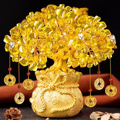 Goldene Glücksbaum-Dekoration, gelber Kristall-Geldbaum, chinesisches Feng Shui, Home-Office-Ornament, schüttelnder Reichtumsbaum, Glücksgeschenke
