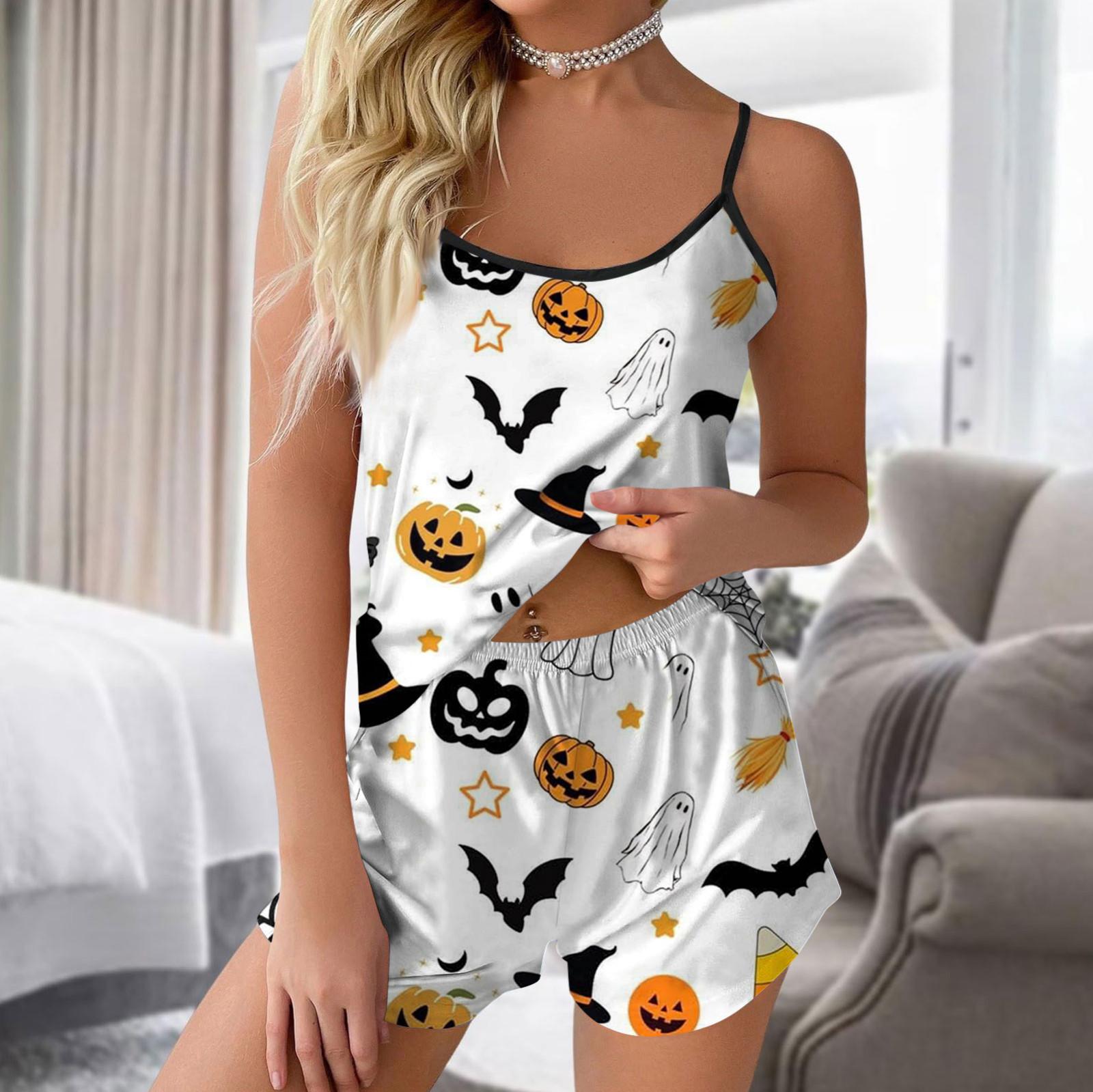 

Женская мода Хэллоуин принтованный комплект без рукавов топ шорты с пижамой L белый