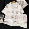 Ice Silk Pajamas Women'S Summer Short-Sleeved Cardigan Three-Piece Set Children'S Fun Cat Cartoon Loungewear