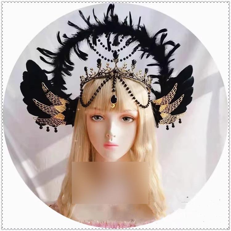 Lolita White Angel Wings Virgin Mary Bead Chain Baroque Halo Tiara Hair Accessory Virgin Mary Sun Godmother's Crown KC Headwear