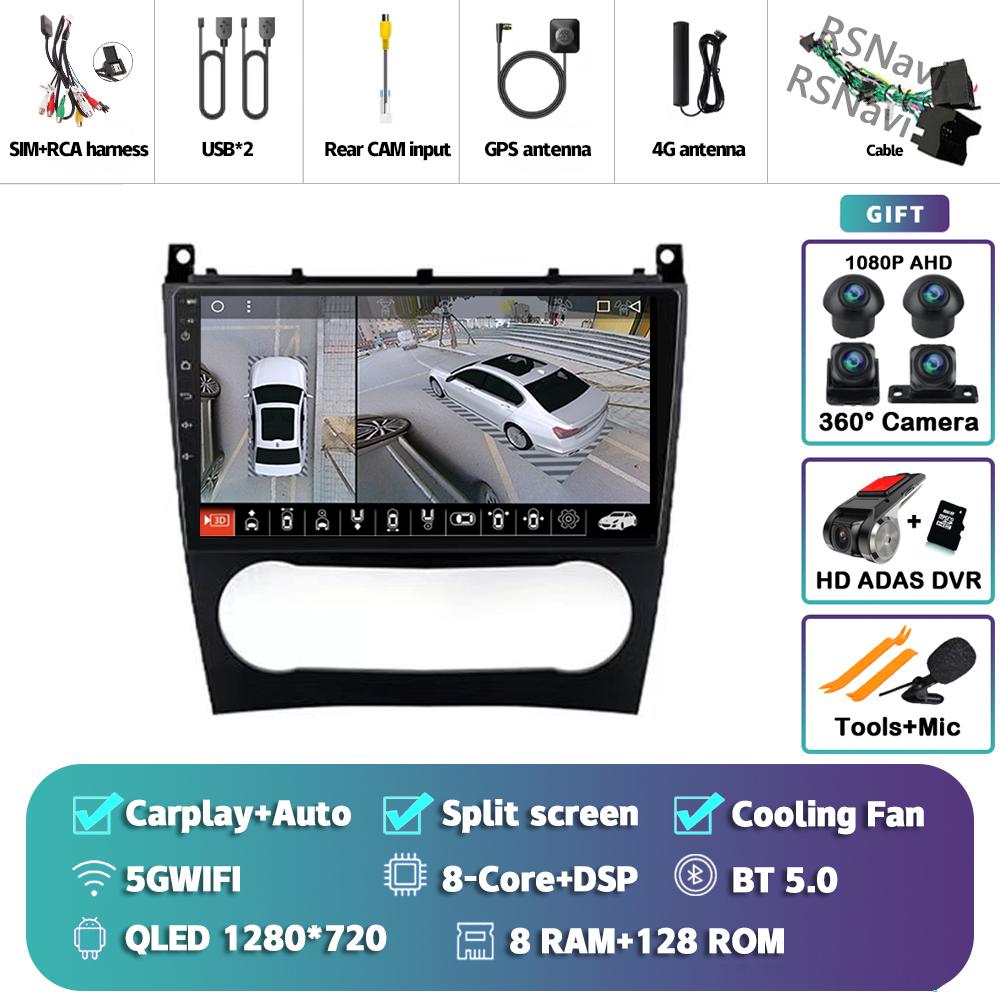 Android 14 Carplay Auto For Benz W203 Car Radio Player Multimedia Stereo Navigation 4G+WIFI AI Voice Head Unit DVD 360 Camera BT
