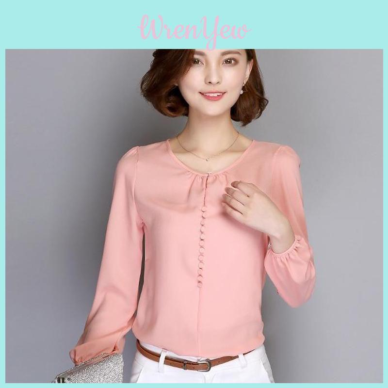 Elegant Summer Female Shirt Long Sleeve Blouse Button Women Office Chiffon Ruffle Tops For Stylish Comfort