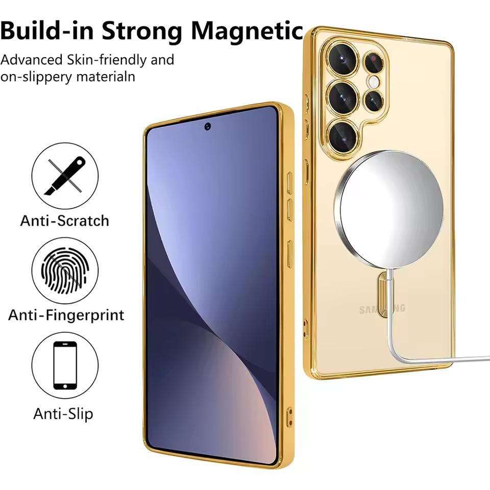 Mocne Magnetyczne Magsafe Przezroczyste Cienkie Etui Dla Samsunga Galaxy S25 S24 S23 S21 FE S22 Ultra Plus Luksusowe Platerowane Silikonowe Miękkie Etui
