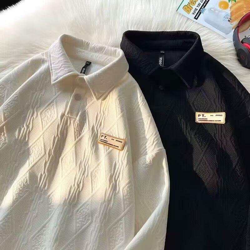 Men's Casual Loose Long Sleeve Polo Hoodie - Trendy Spring/Autumn Lapel Jacquard Top for Couples