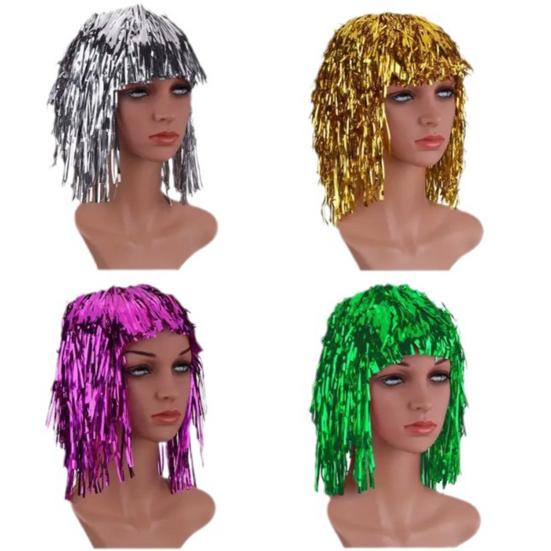 Foil Tinsel Wig Metallic Fancy Dress Shiny Wig 80s Disco Cosplay Party Supplies Photo Booth Props for Adults
