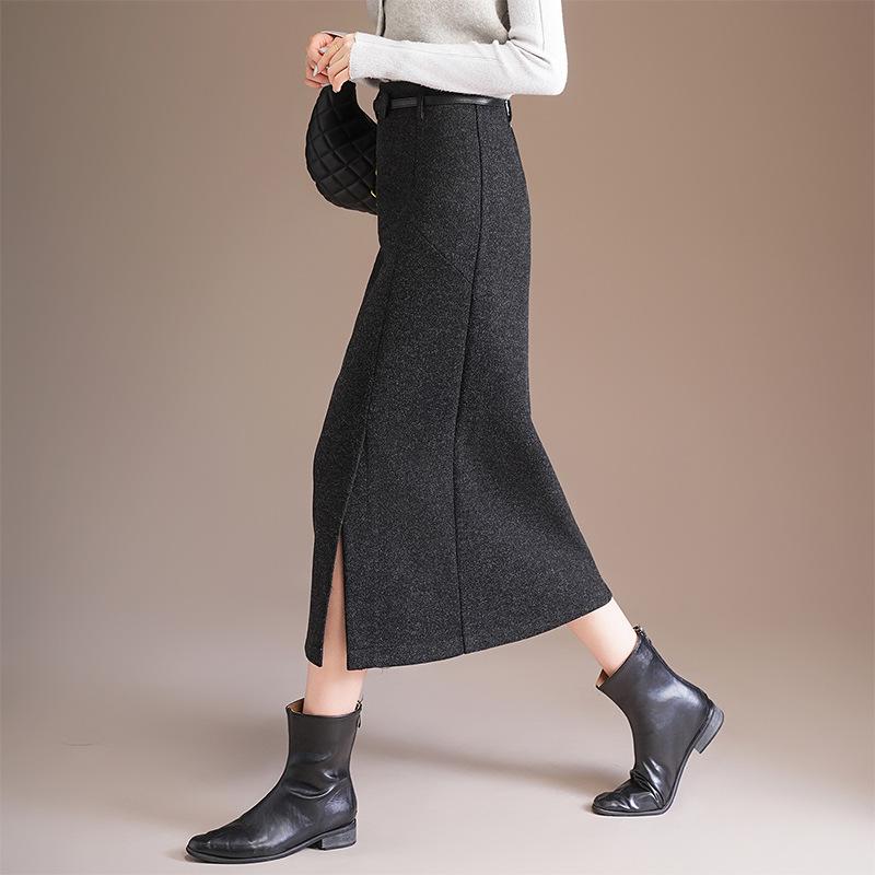Damen Midirock in A-Linie aus dicker Wolle, Grau - Winterstyle 2025, Stilvoller Schlitz