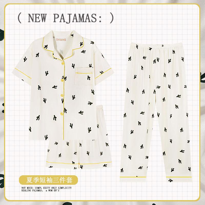 Bear pajamas women's summer short-sleeved shorts and trousers three-piece set women's loungewear can be worn outside