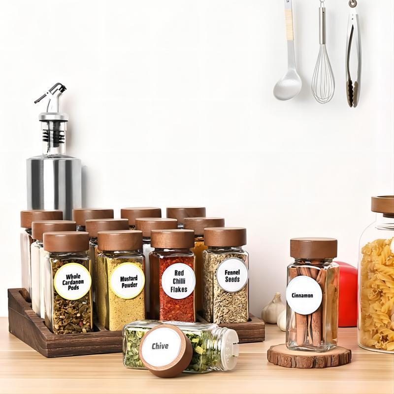 12pcs Wood Cover Glass Spice Jars Square Transparent Seasoning Storage Bottles Kitchen Salt Spices Ground Pepper Sealing Tools