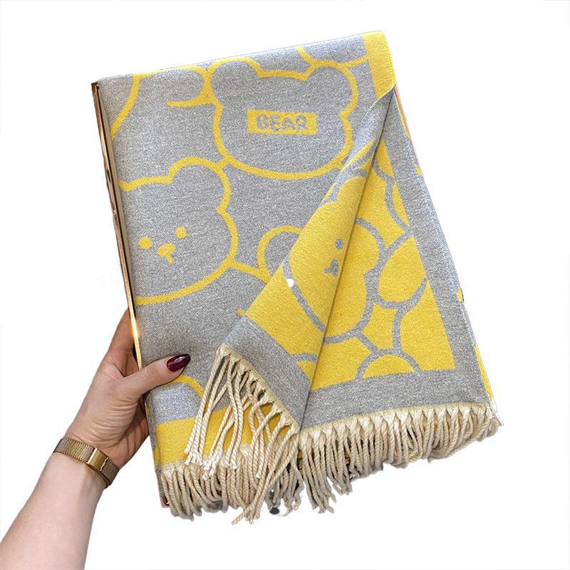 Korean Version of Cute Bear Student Imitation Cashmere Scarf High End Lady Soft Girl Tassel Shawl  Warm and Thickened Scarf