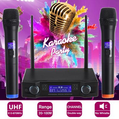 0-280mV UHF Professional Dual Wireless Microphone System Kits 2 Channel Cordless Handheld Mic Long Range for Karaoke Speech