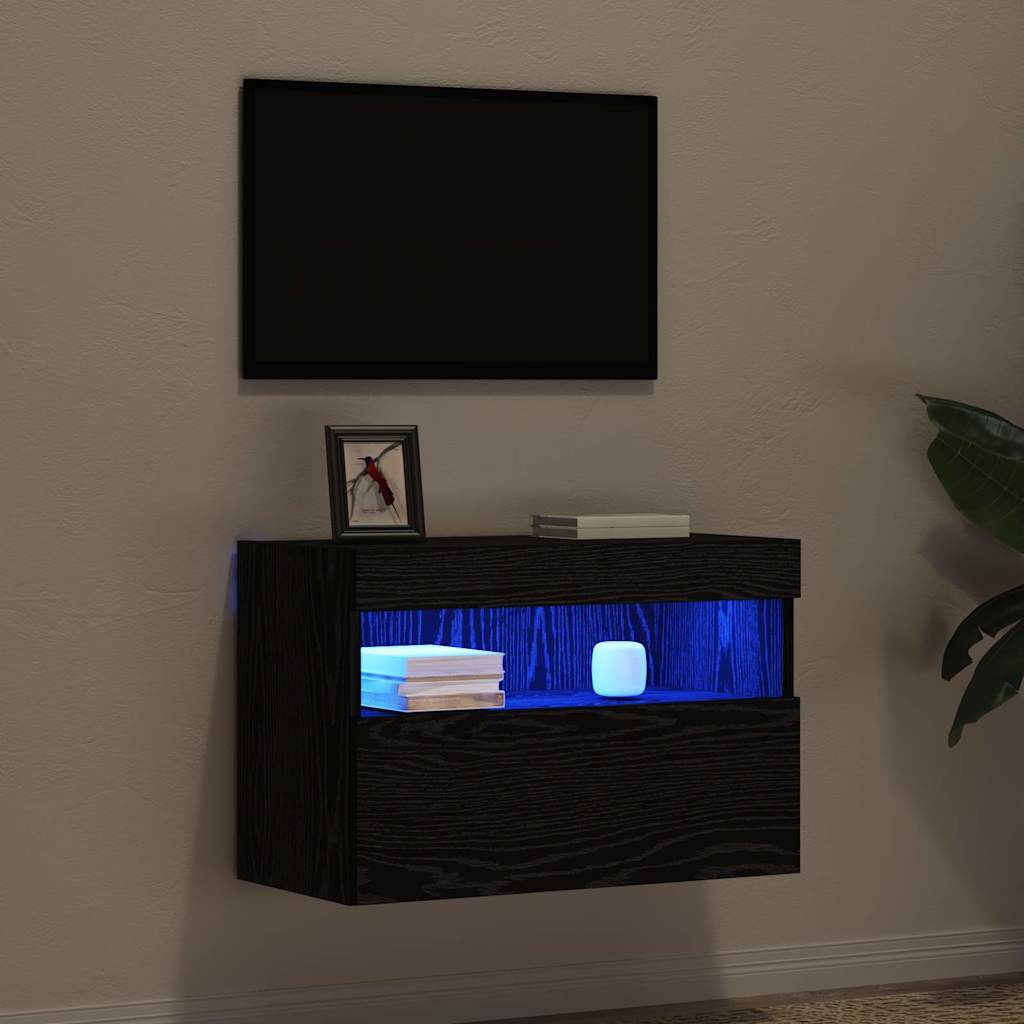 Wall Mounted TV Cabinet with LED Lighting Black Oak Effect 60 X 30 X 40 Cm