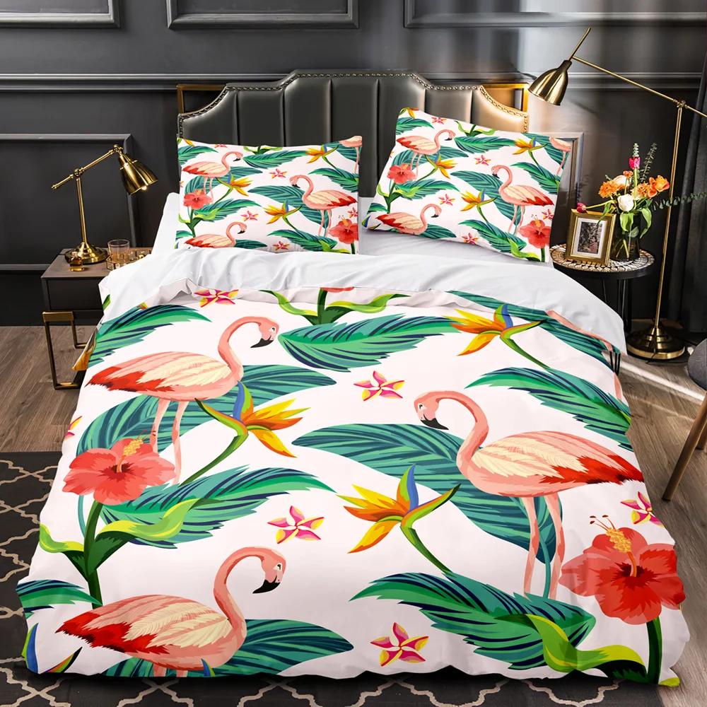 Tropical Plants Floral King Queen Duvet Cover Green Palm Leaves Bedding Set Cream-colored Flowers 2/3pcs Polyester Quilt Cover