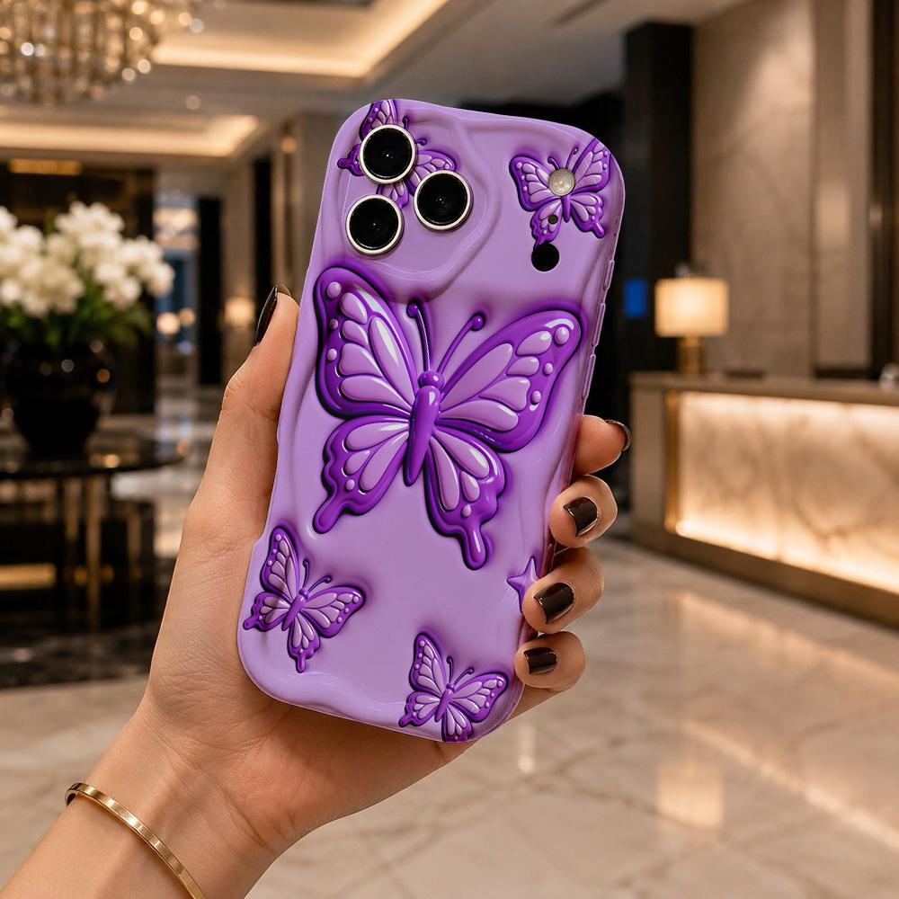 Gradient Purple Butterfly Phone Case for iPhone 16 15 14 Pro Max 13 12 11 Mini XR XS SE Wavy Edge Soft Cover