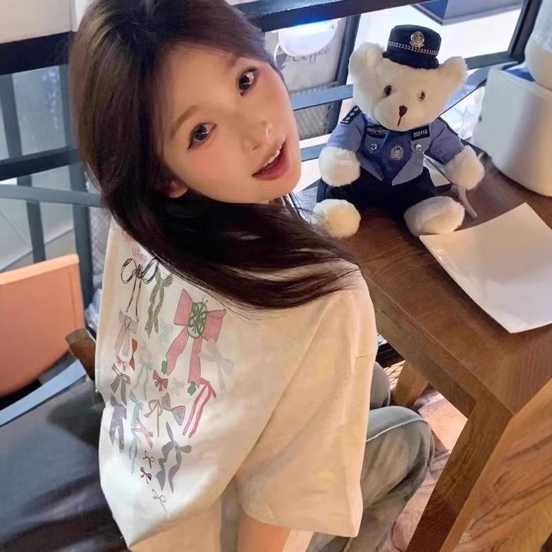 

2025 Новый стиль Серая футболка с принтом Женская свободная хлопковая футболка с коротким рукавом 3XL Premium белый/серый