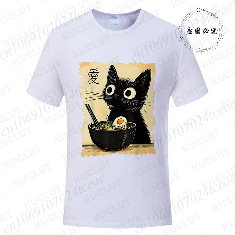 Japanese Kawaii Anime Cat T-Shirt Funny Cat Ramen Graphic Tee Fashion T-shirts Short Sleeve Clothes Trend Casual Unisex Tshirts