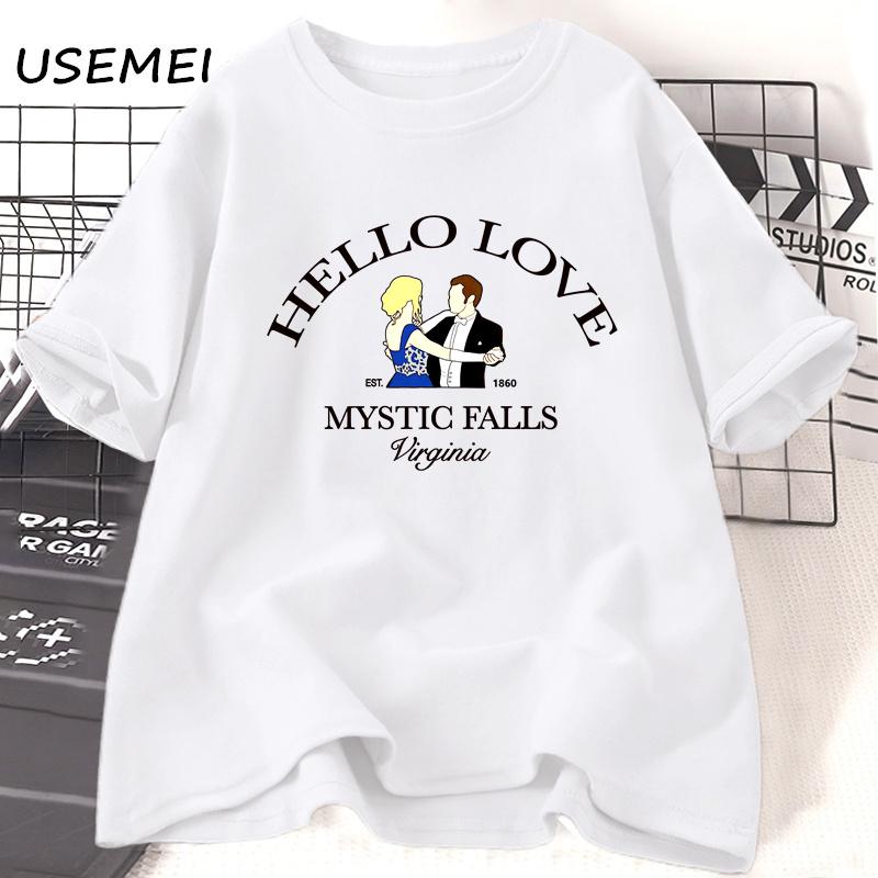 Hallo Liebe T-Shirt Damen Herren Vampire Diaries Fans T-Shirt Klaus und Caroline Tee Mystic Falls Virginia Grafik T-Shirt Damenbekleidung