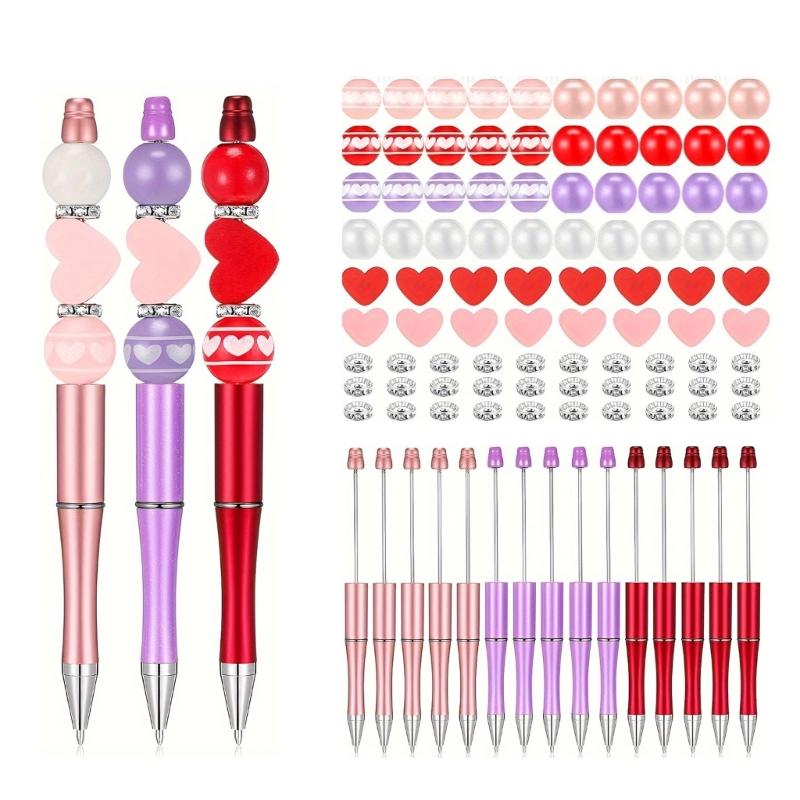 121Pcs DIY Beadable Ballpoint Pen with Craft Beads, Rhinestone Beads, DIY Heat Transfer Pen for Christmas Party Favor