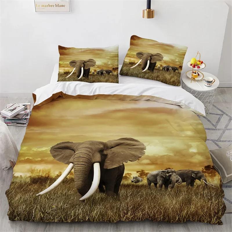 Elephant Duvet Cover King Queen Size Wild Animal Comforter Cover Polyester Bohemian Mandala African Safari Animals Bedding Set