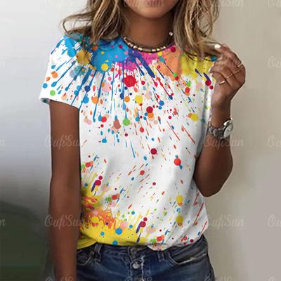 Buntes Graffiti-T-Shirt für Damen, Sommer, O-Ausschnitt, lässig, kurzärmelig, lockerer modischer Pullover für Damen, tägliche Straßenkleidung