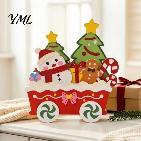 Christmas Party Supplies Wooden Cart Tabletop Decorations, Xmas Figurine Ornament with Snowman Winter Theme Decorations Elk Penguin, Festive