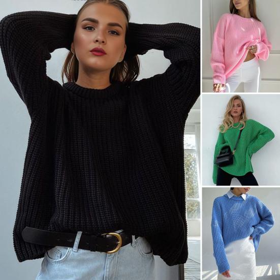 Women Pullover Sweater Round Neck Long Sleeve Elastic Fabric Knitting Tops Solid Color Loose Fit Sweater Tops