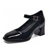 Women's Shoes Patent Leather One-word Square Head Leather Shoes Medium Thick Heel Wear-resistant Soft Leather Mary Jane Shoes Comfortable Women