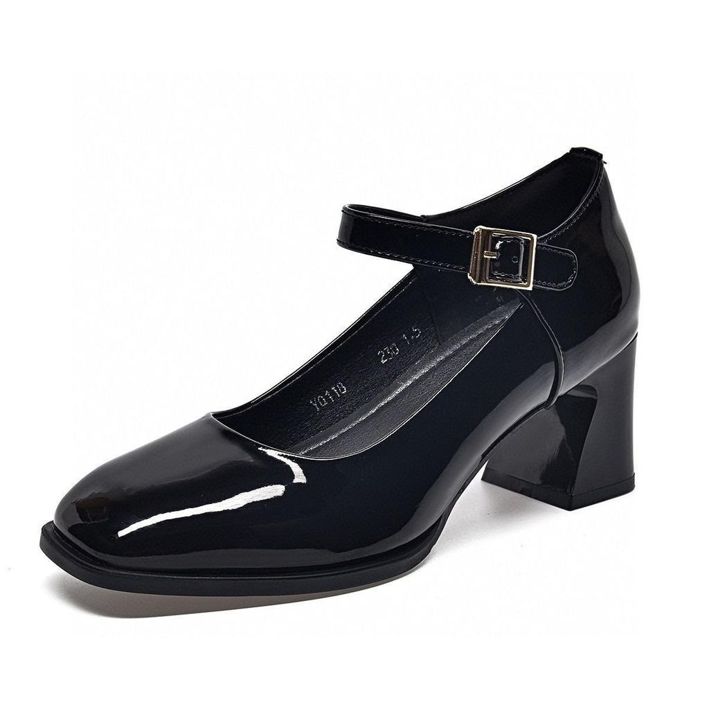 Women's Shoes Patent Leather One-word Square Head Leather Shoes Medium Thick Heel Wear-resistant Soft Leather Mary Jane Shoes Comfortable Women